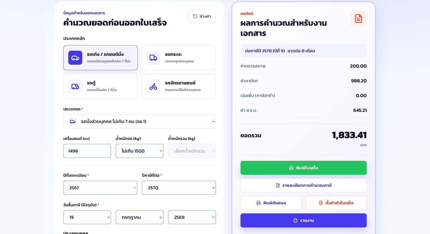 ตัวอย่างผลลัพธ์หลังกรอกเครื่องยนต์ 1498 cc